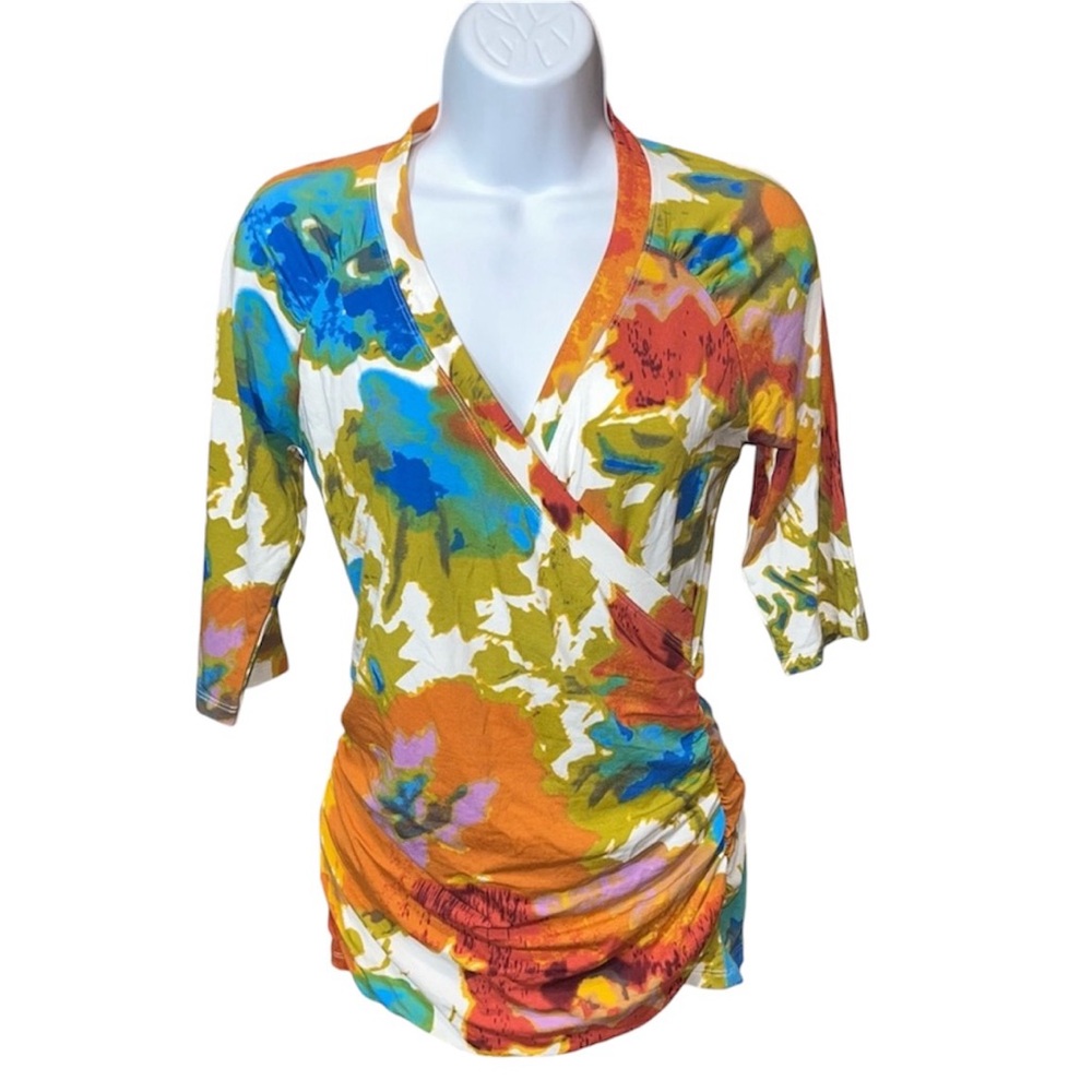 CAbi Watercolor Faux Wrap Top Blouse Ruched V-Neck Floral Knit Womens Sz S